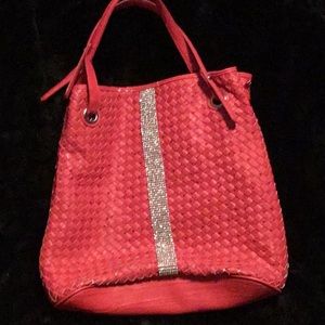Basket weave red tote, rhinestone embellishments.
